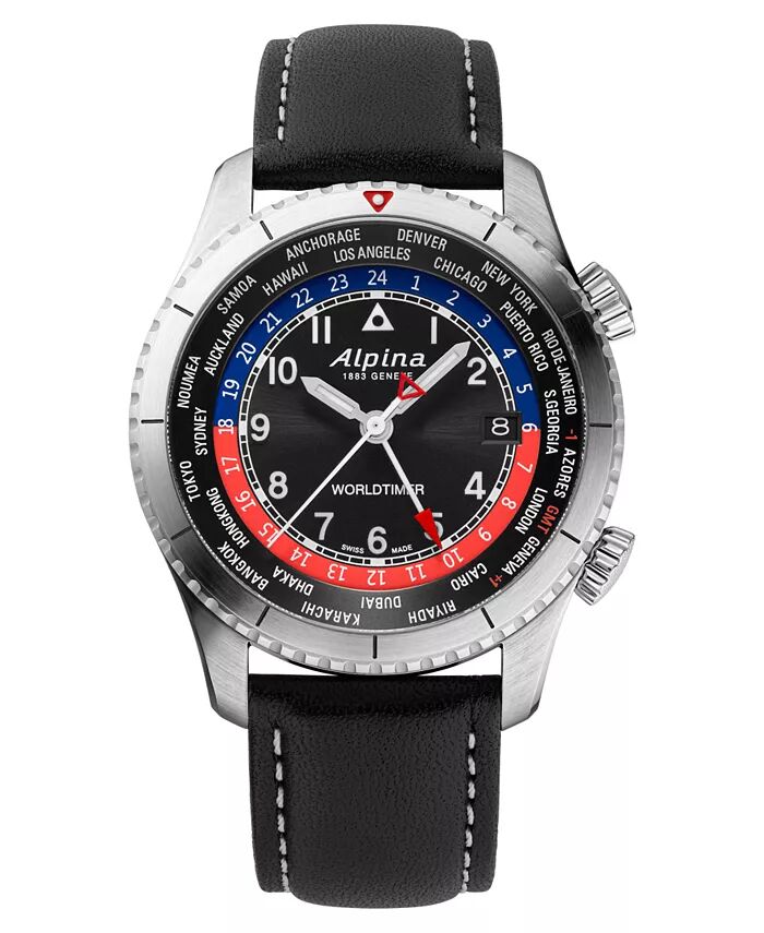 

Мужские швейцарские часы Startimer Pilot с черным кожаным ремешком, 41 мм Alpina, черный