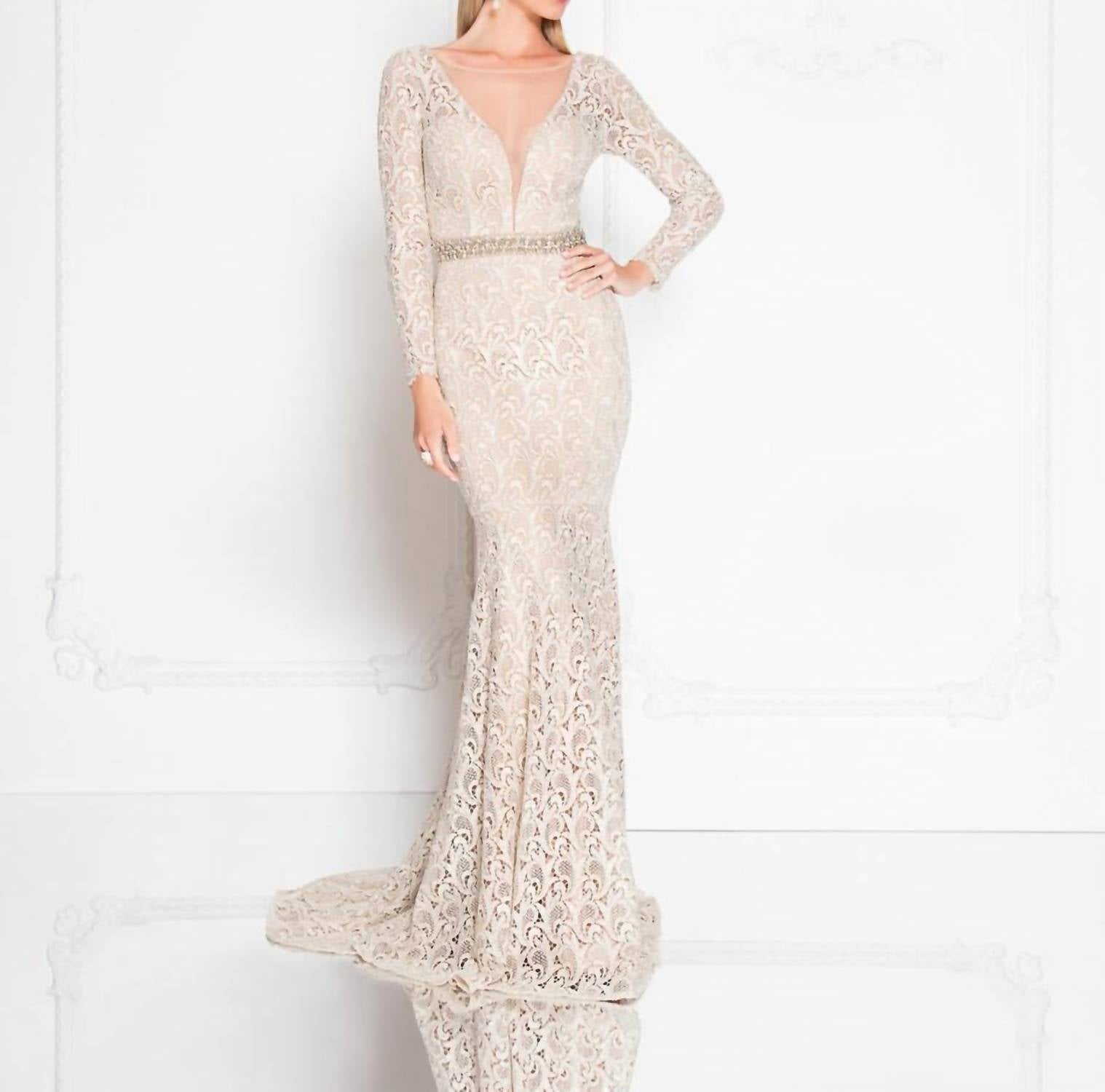 

Длинные рукава кружевное платье цвета шампанского Terani Couture, цвет champagne