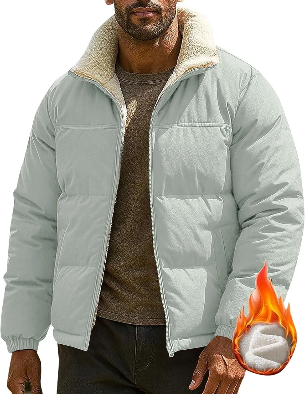 Мужская зимняя куртка Reversible Lightweight Thermal Outwear утепленная подкладкой из шерпы Cozy Sherpa Fleece Lined Coat теплый ветрозащитный Windbreaker Generic, зеленый — фото 3