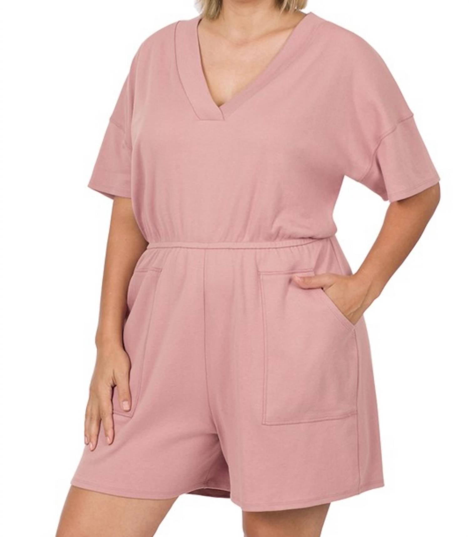 

Rose V Neck Romper - Plus In Pink ZENANA