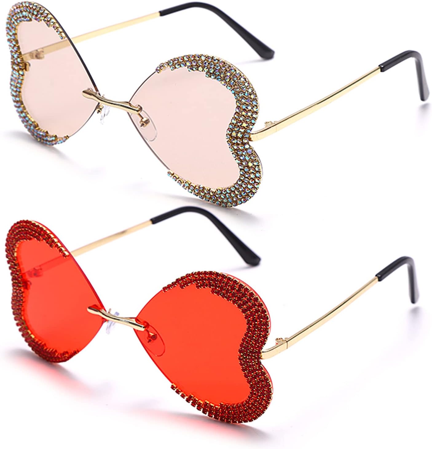 

willochra Милая девочка. Сверкающие конфетные цвета. Оправа в форме сердца. Солнцезащитные очки с кристаллами. Защита от УФ-излучения. Солнцезащитные очки для вечеринки со стразами, 2pcs-red&champagne