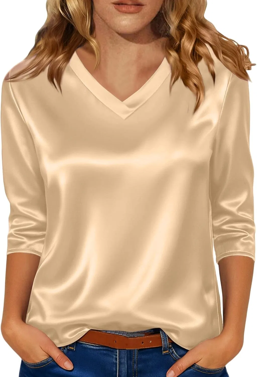Блуза сатиновая V-образный вырез из коллекции, светло-желтый