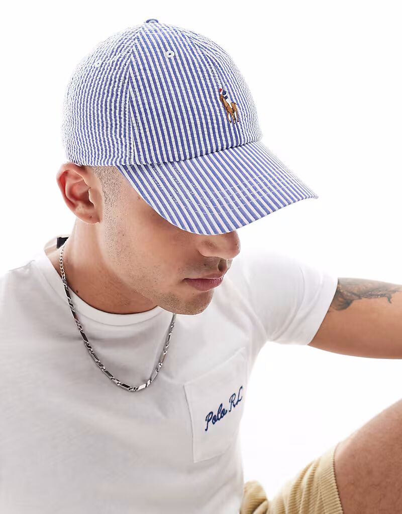

Бейсболка Polo Ralph Lauren с полосками и логотипом в полоску из ткани сирсакер темно-синего цвета