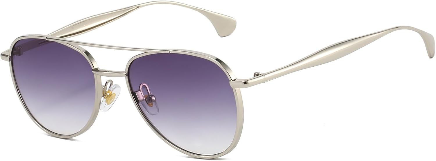 

Солнцезащитные очки LJCZKA в стиле ретро «пилот» для женщин и мужчин, модель 70-х годов, с двойной перемычкой, винтажная металлическая оправа, защита от УФ-излучения UV400, Silver Gradient Grey