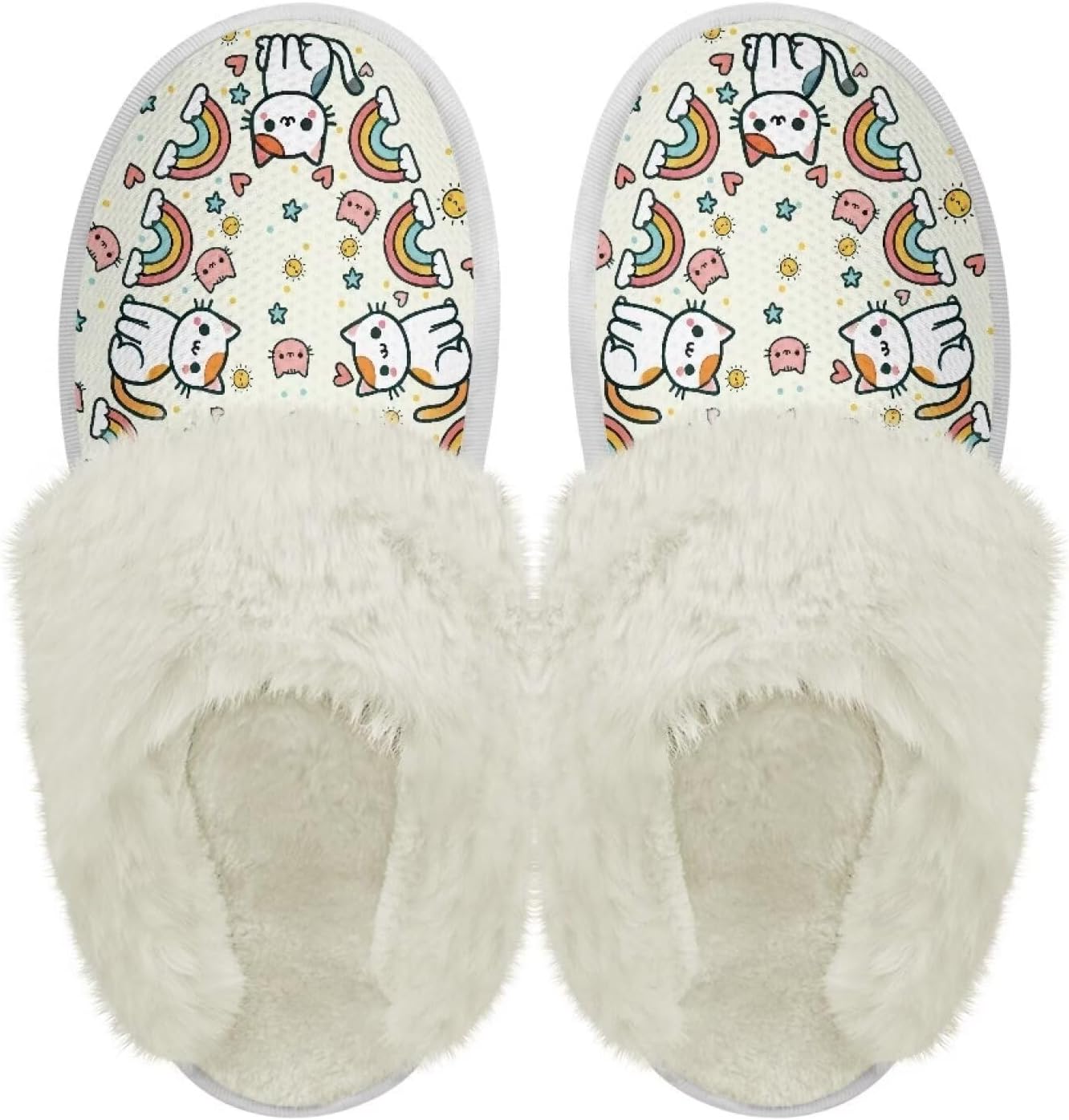 

Хлопковые тапочки PJHEQOXE с пушистыми краями, домашние тапочки для дома и улицы, хлопковые тапочки унисекс, Rainbow Cat