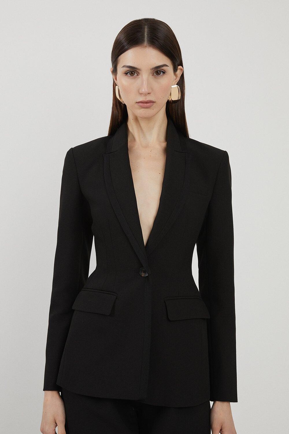 

Высокий однобортный пиджак прямого кроя с отделкой из крупной ткани Karen Millen, черный
