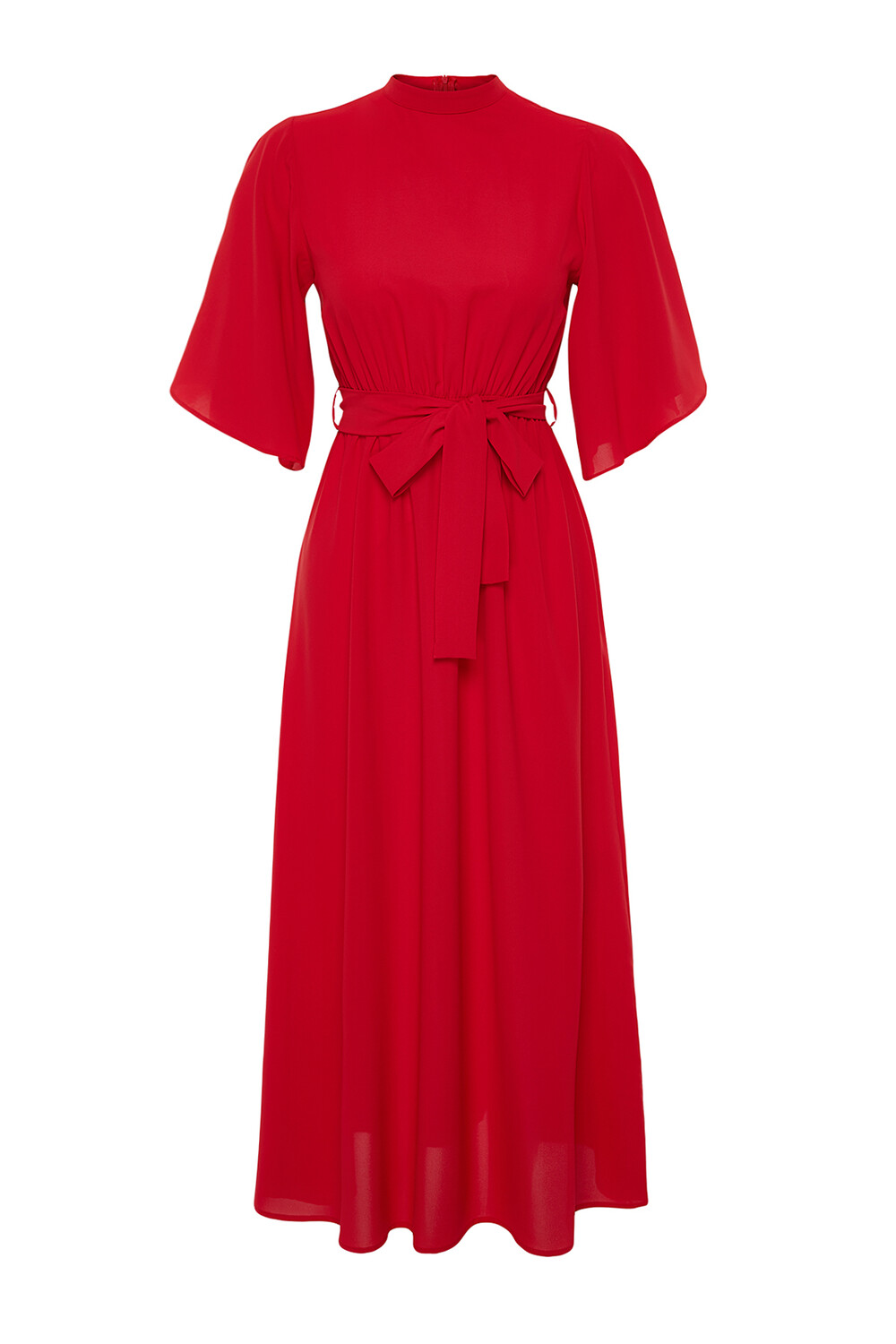 

Красное тканое платье с поясом и короткими рукавами Trendyol Modest, красный