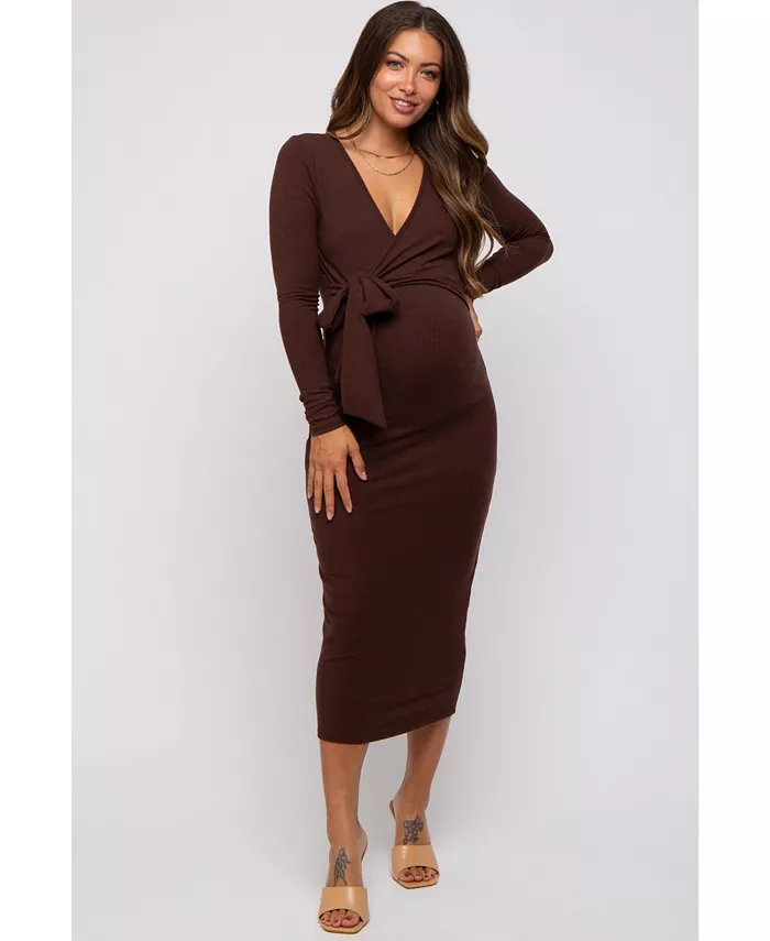 

Беременное бордовое платье с длинными рукавами и рубчиком Pinkblush