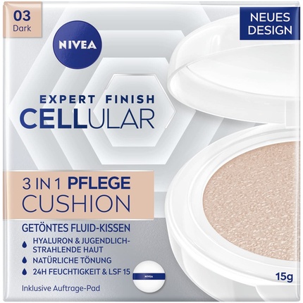 

Cellular Expert Finish 3in1 Care Cushion для темных тонов кожи 15 г с гиалуроновой кислотой, усилителем коллагена и увлажняющей тональной основой SPF 15 Nivea