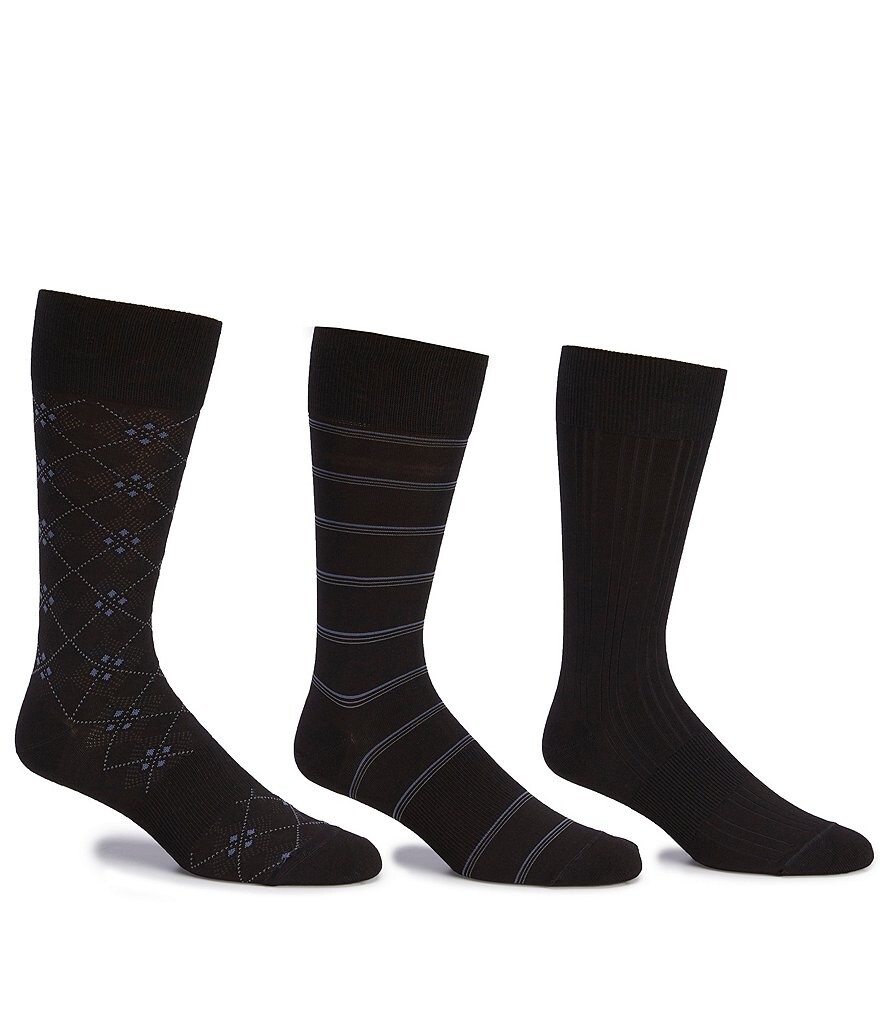 

Набор из 3 носков с круглым вырезом Gold Label Roundtree & Yorke Big & Tall Assorted Argyle, однотонные, в полоску, черный