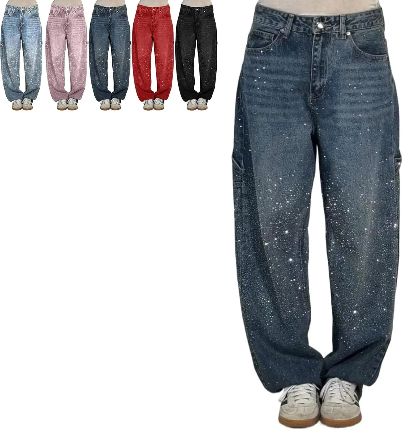 

Женские джинсы с высокой талией и стразами, широкие, Blue