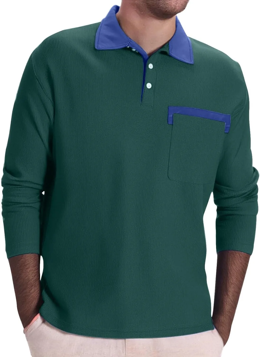 

Мужская поло с вафельной вязкой, длинный рукав, четверть молнии