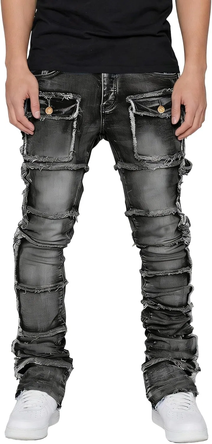 Джинсы прямые стрейч, ripped, черный