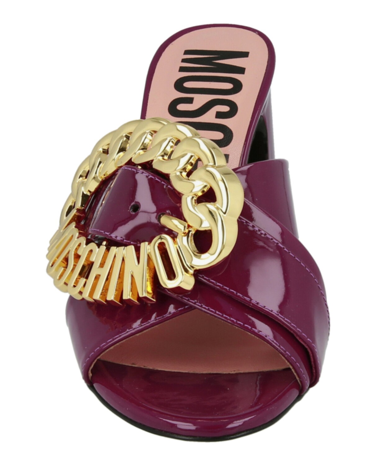 

Босоножки на каблуке с пряжкой с логотипом Moschino, цвет Raspberry