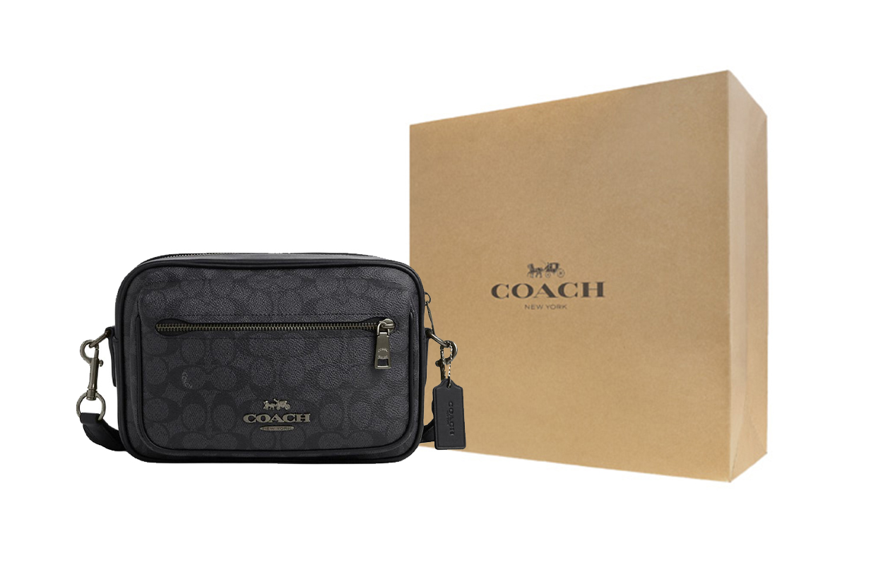

COACH Кожаный мессенджер Элиас с гладкой телячьей кожей и покрытием из холста среднего размера мужской угольно-серый и черный
