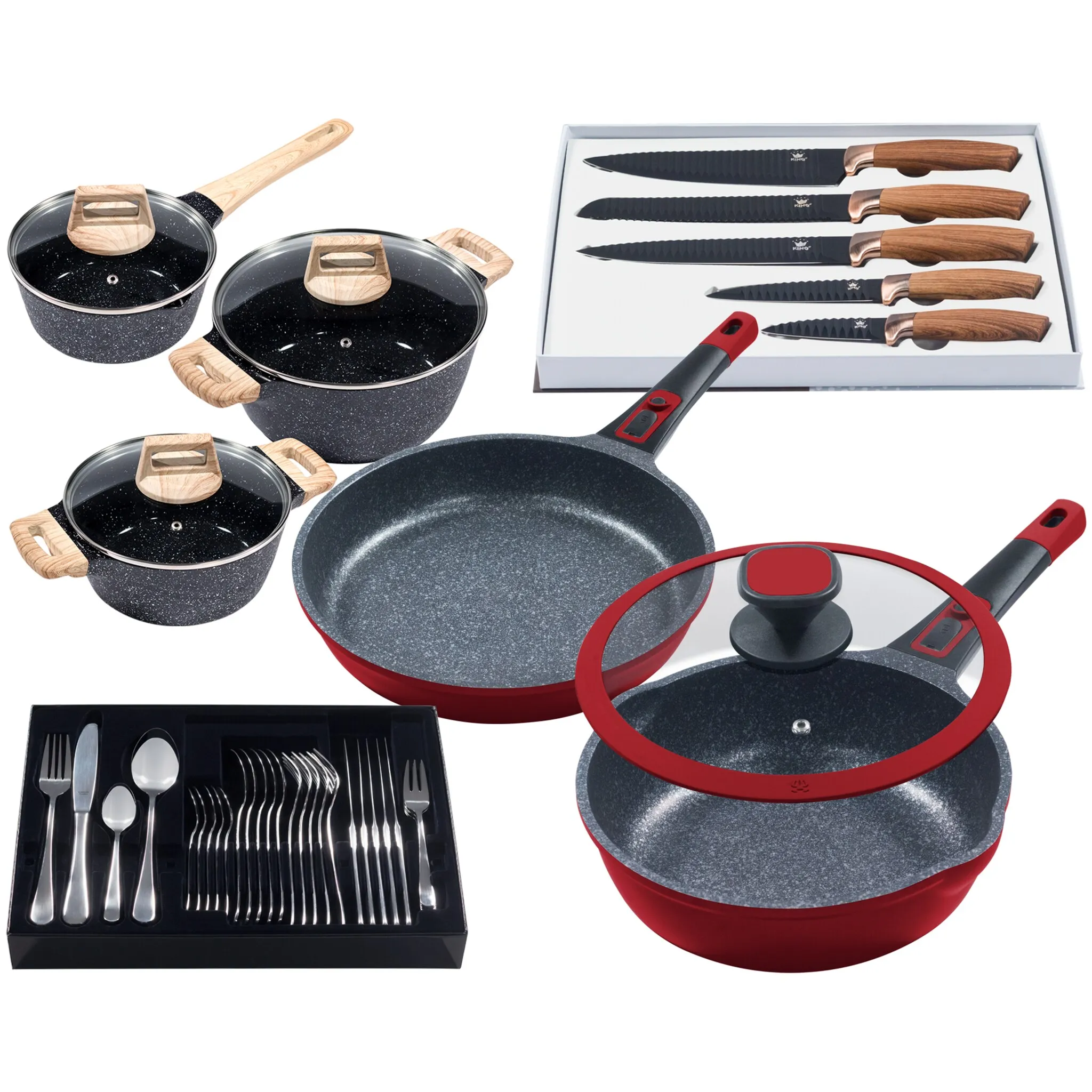 

Набор кастрюль KING "Лунный пейзаж", литой алюминий, (набор, 11 шт.), индукция, (кастрюли+стеклянные крышки, кастрюли+крышки, ножи, набор столовых приборов), красный