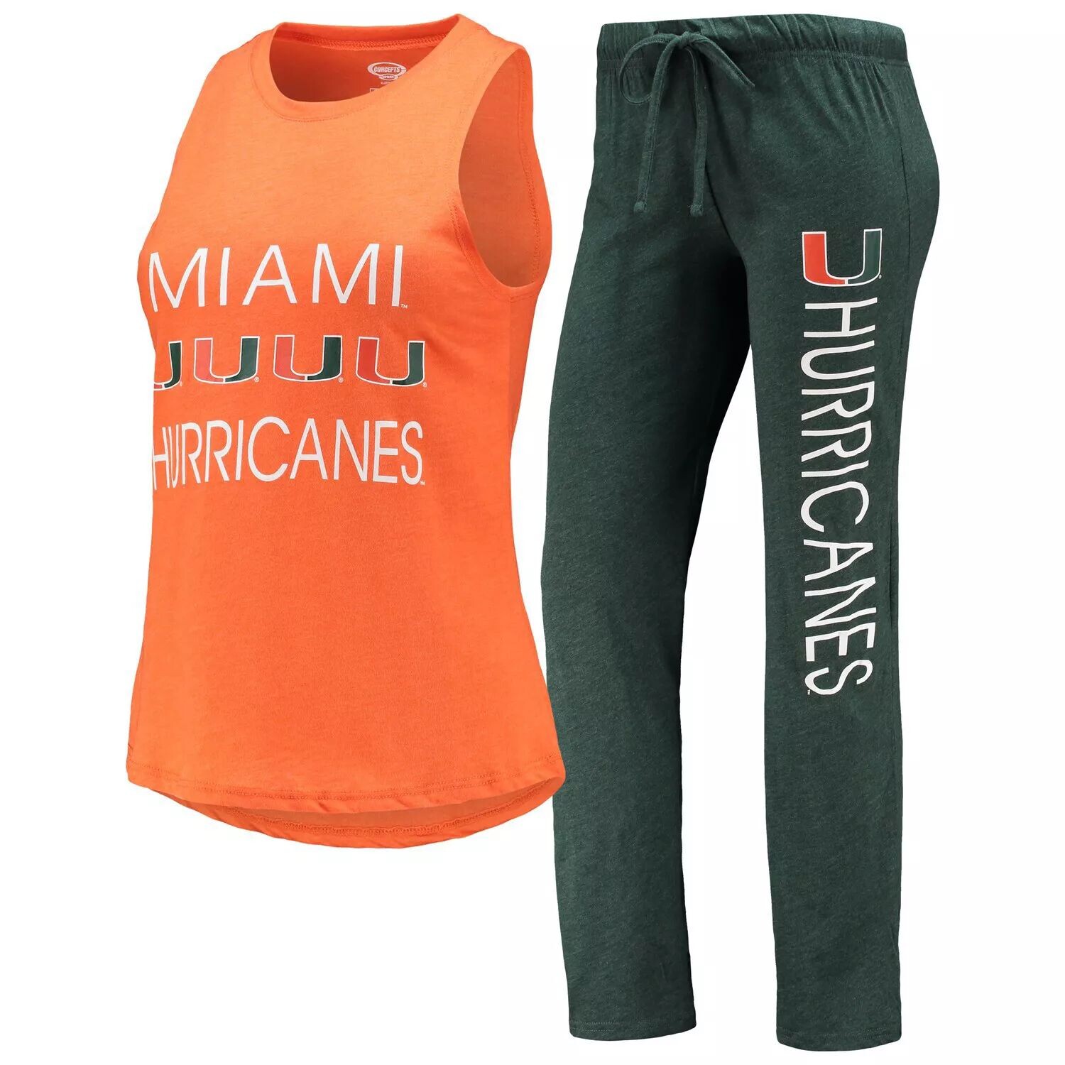

Женский спортивный зеленый/оранжевый топ на бретелях Miami Hurricanes и брюки для сна