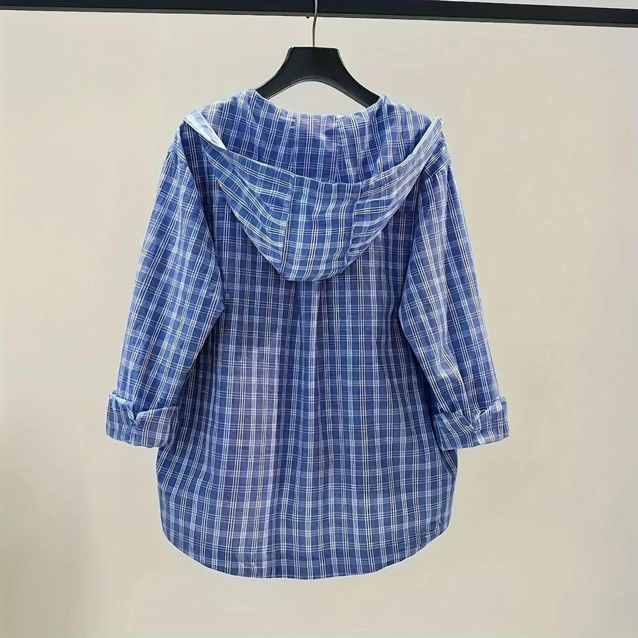 Блуза с капюшоном, клетчатая, женская, Regular Fit, бренд, цвет королевский синий — фото 3