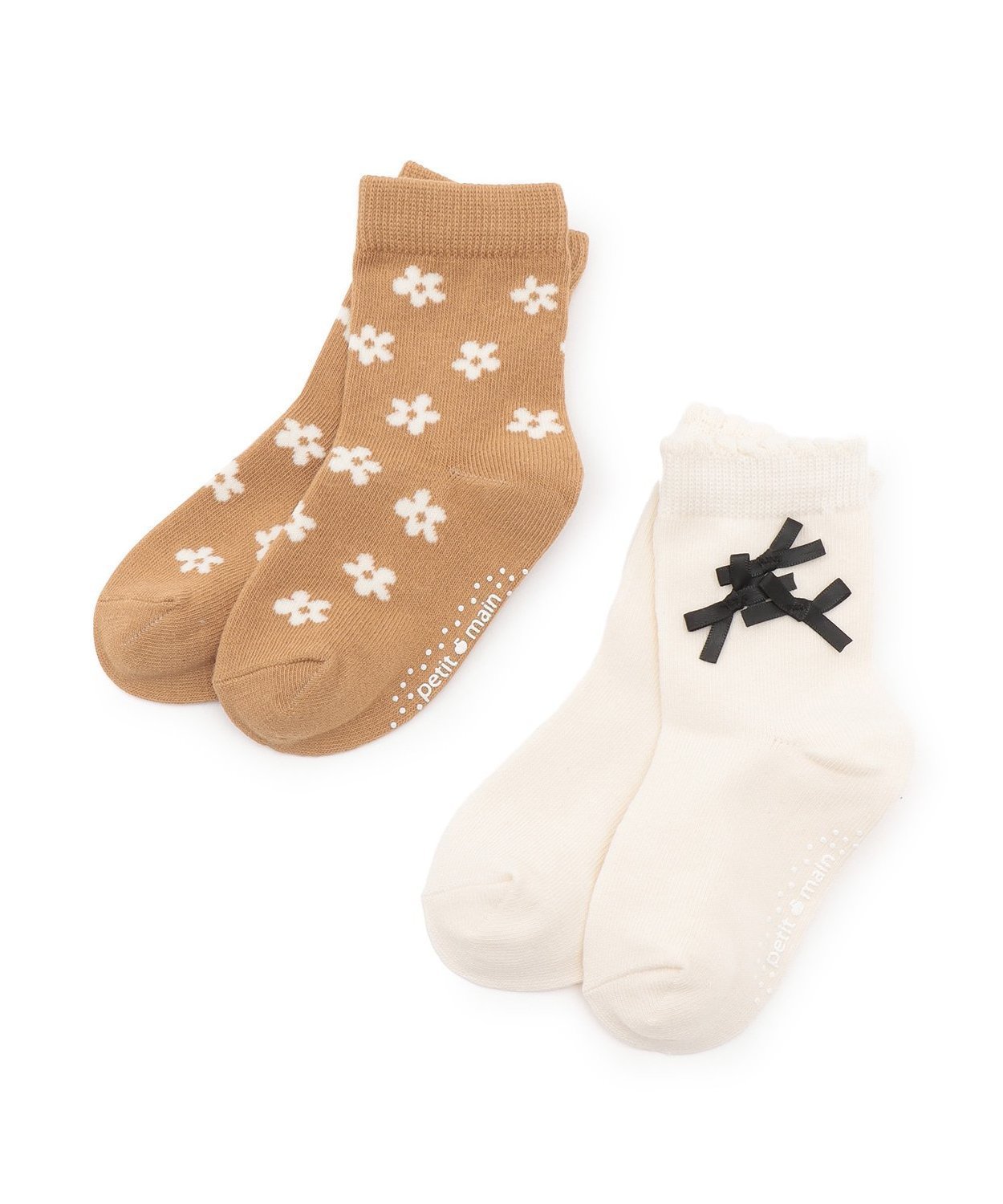 Носки с цветочным принтом и лентами (2 шт.) Petit main, Off white