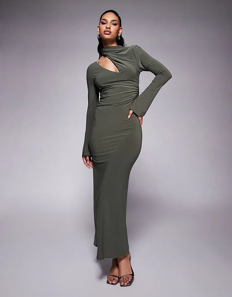 

Платье макси ASOS DESIGN с длинными рукавами, разрезами на плечах и сборками на лифе зеленого цвета