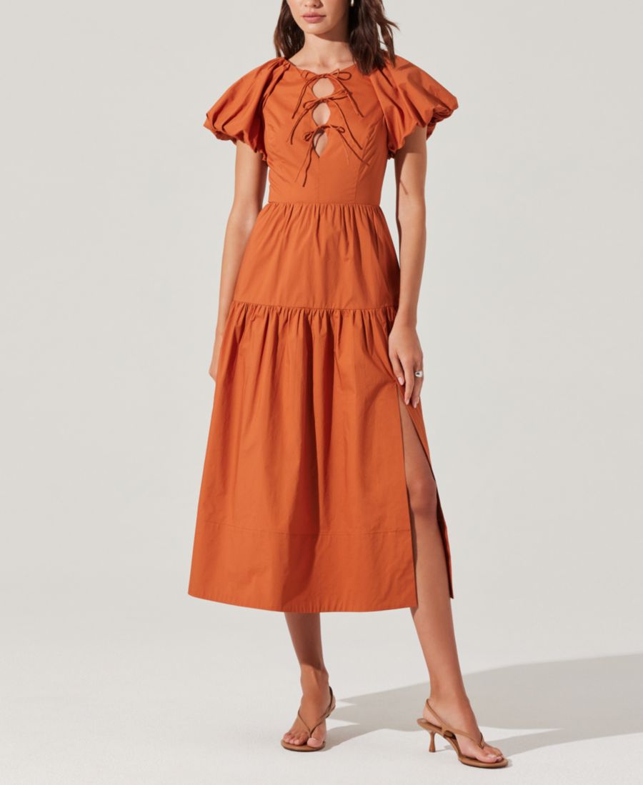 

Женское хлопковое миди-платье Aine с бантом и пышными рукавами ASTR the Label, Copper