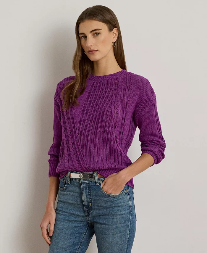 

Женский свитер с вязаным узором Pointelle из хлопка с круглым вырезом Lauren Ralph Lauren, фиолетовый