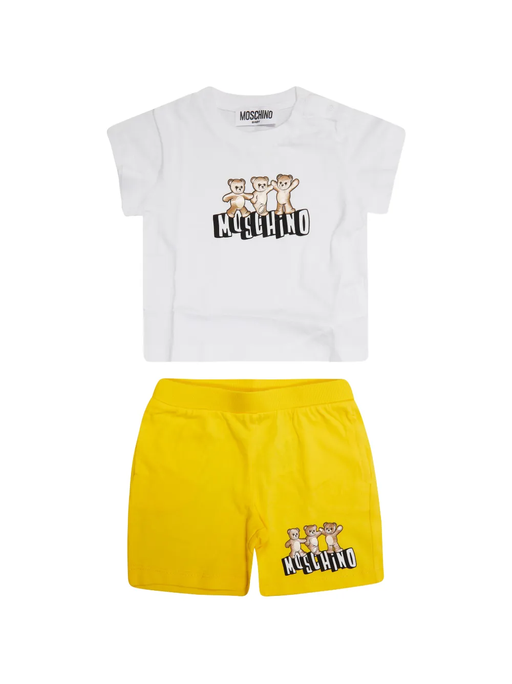 

Комплект: футболка и шорты с графическим изображением мишки Moschino Kids, белый