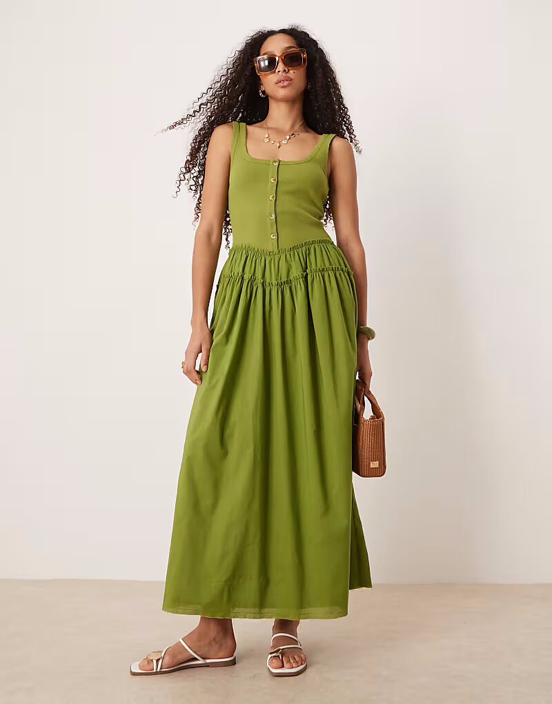 

Платье ASOS Design scoop button ribbed bodice with poplin skirt maxi in olive