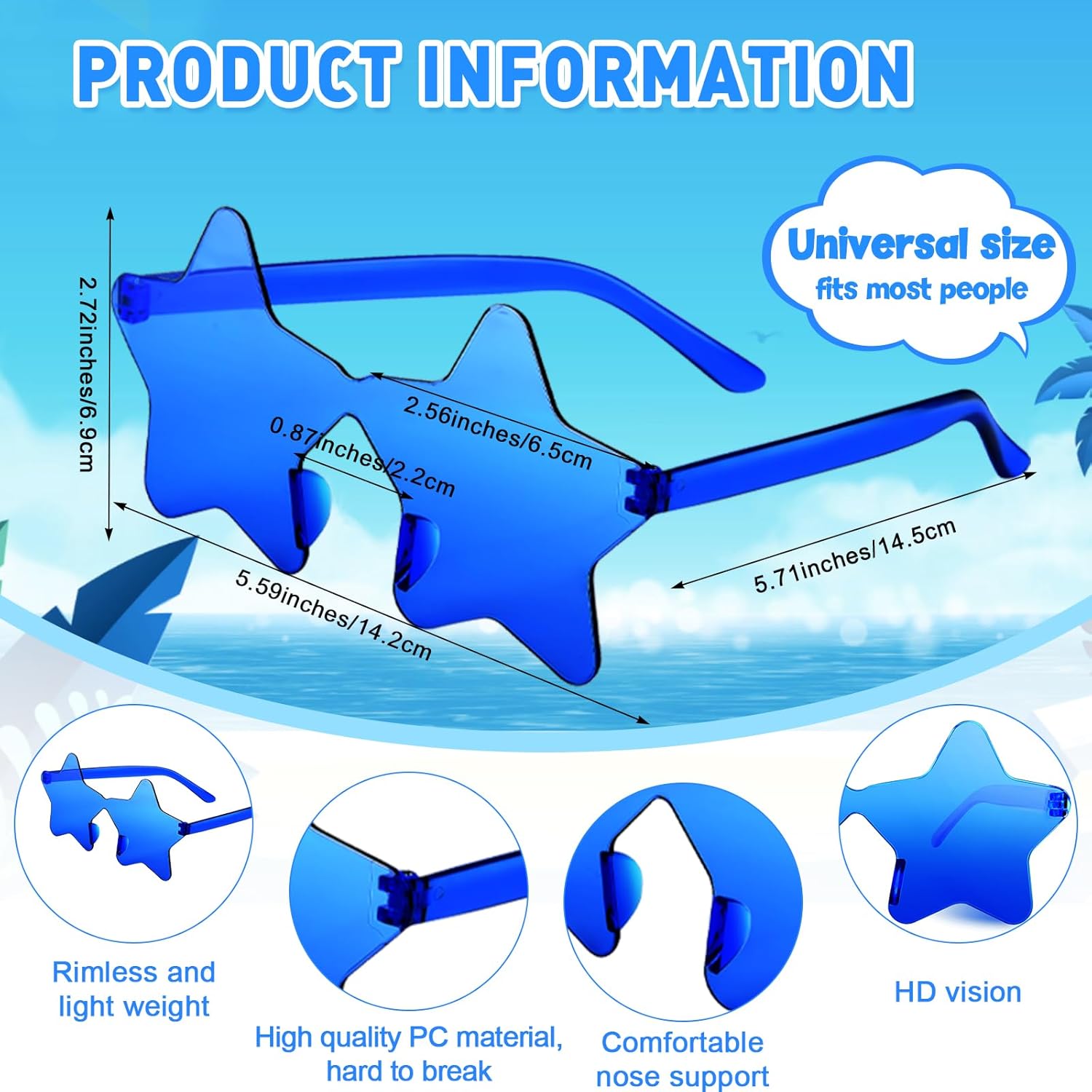 

Набор из 10/20/30/40 солнцезащитных очков в форме звезды, без оправы, прозрачные, в форме пентаграммы, оптом, для вечеринок, для женщин (10 штук, королевский синий) BOUBONI, Royal Blue