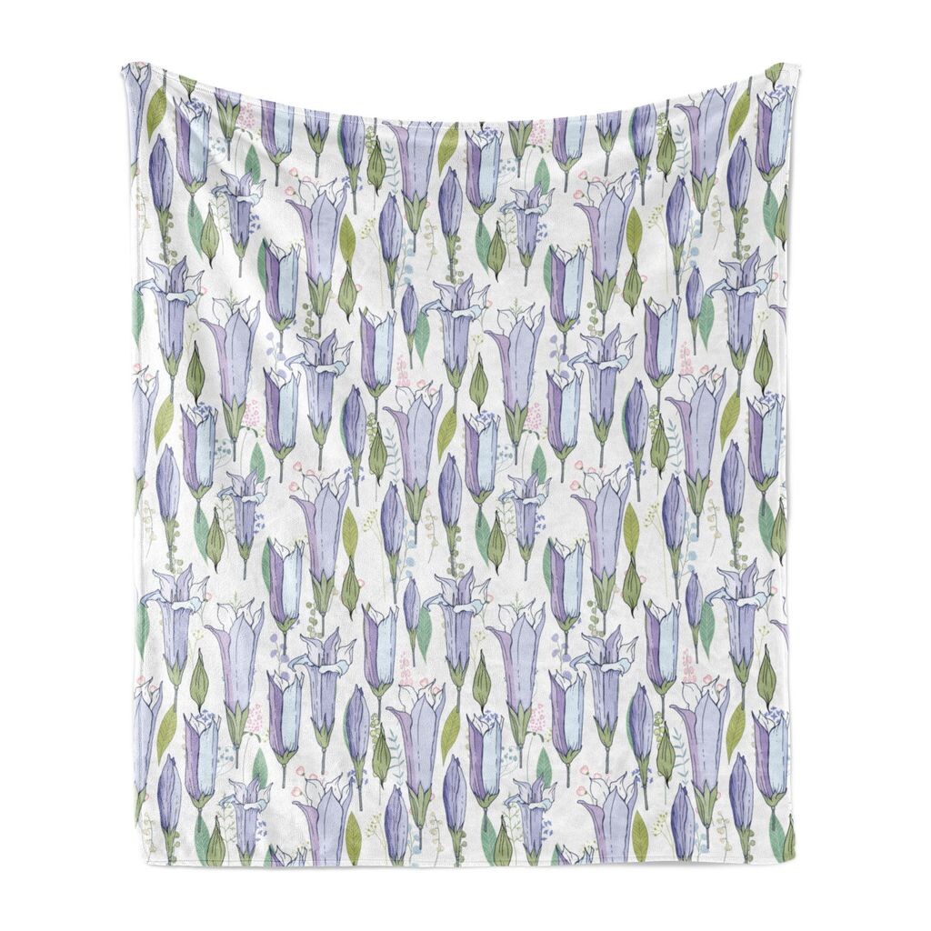 

Мягкое фланелевое флисовое одеяло ABAKUHAUS Flowers, Wild Bluebell Flower Art, уютный плюш для использования в помещении и на открытом воздухе, 125 x 175 см, белый пастельно-фиолетовый и хаки
