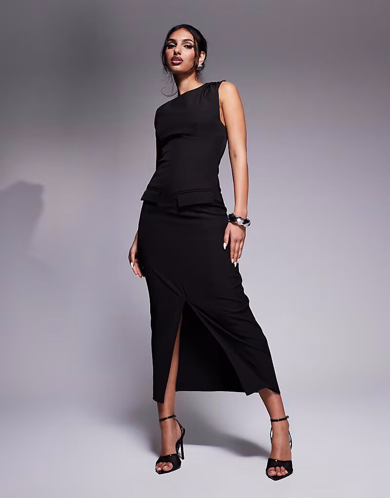 

Эксклюзивное платье без рукавов с высоким воротом, карманами и разрезом спереди, черного цвета Kaiia