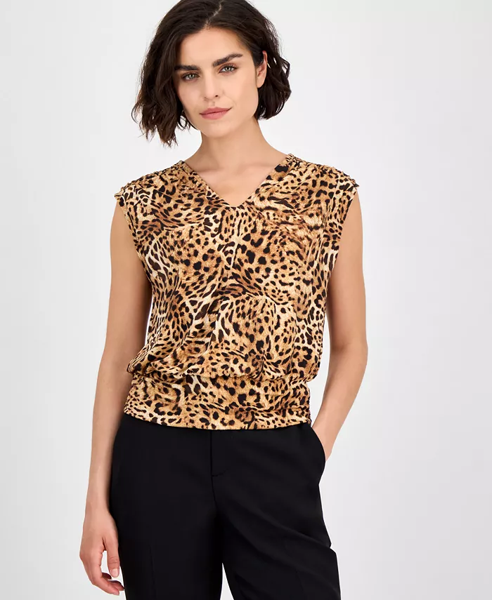 

Миниатюрный топ без рукавов с принтом и контрастной окантовкой по низу I.N.C. International Concepts, коричневый