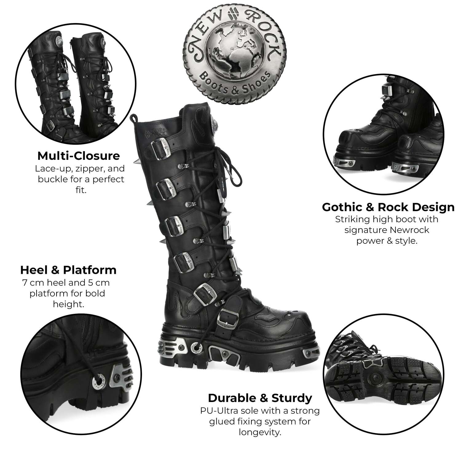 Новые ботинки M-161-C10 New Rock высокие до колена из черной кожи с шипами в готическом стиле — фото 2