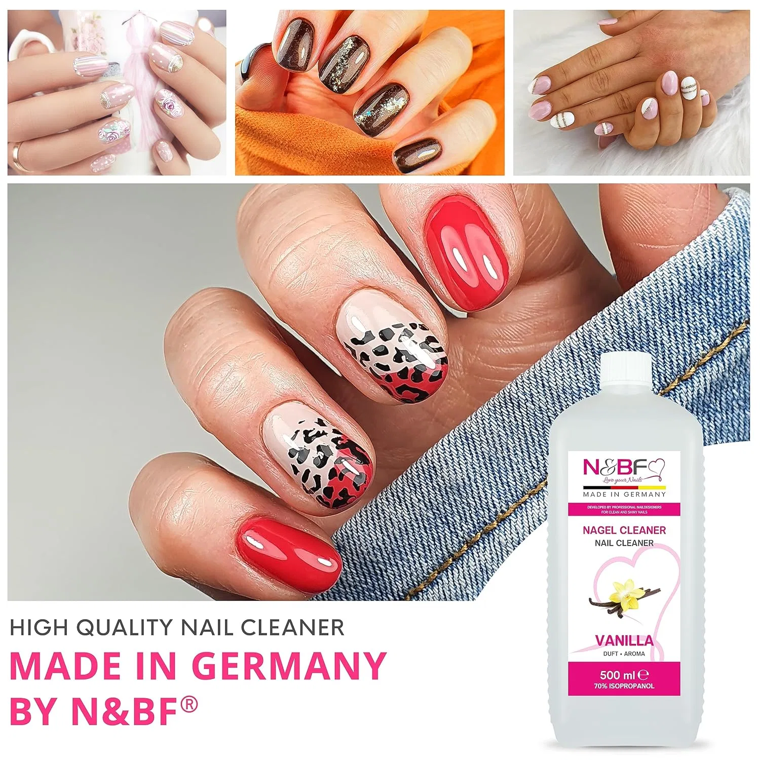 Набор N&BF Nail Cleaner с ароматом ванили: 500 мл очистителя, помпа-дозатор 150 мл, 1000 целлюлозных салфеток Nails Factory — фото 3