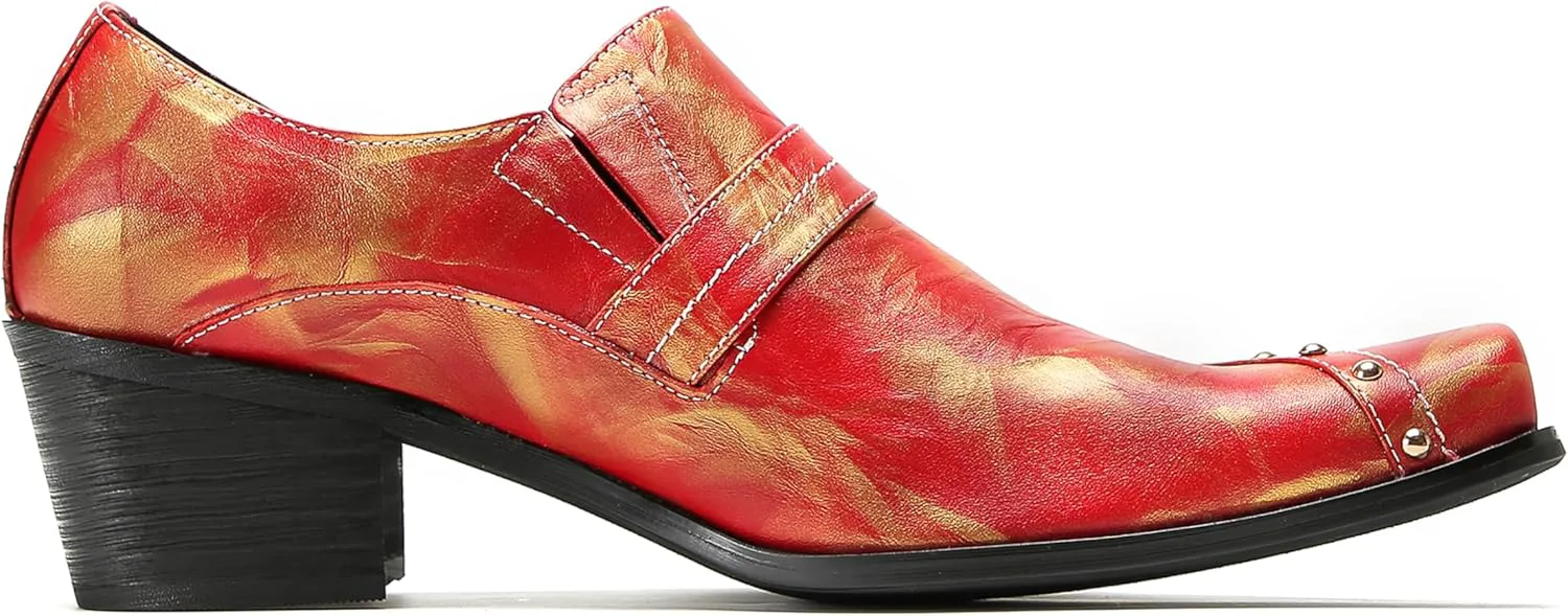 

Мокасины Santimon Mens слипоны из натуральной кожи - повседневная обувь с квадратным носком, заклепками и пряжкой-манжетом для вечеринок, свадеб и диско, красный
