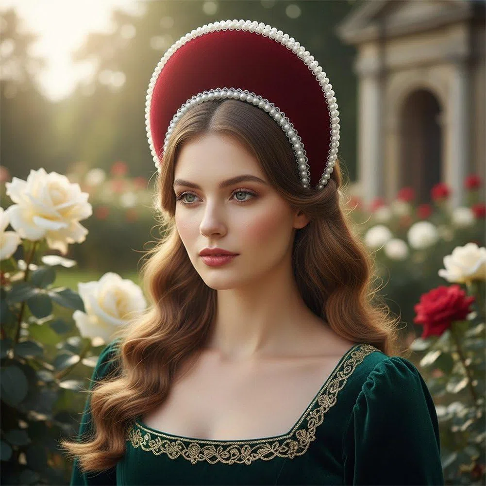 Винтажный головной убор Boleyn Hat в елизаветинском стиле Hiyyfloy, Wine Red — фото 4