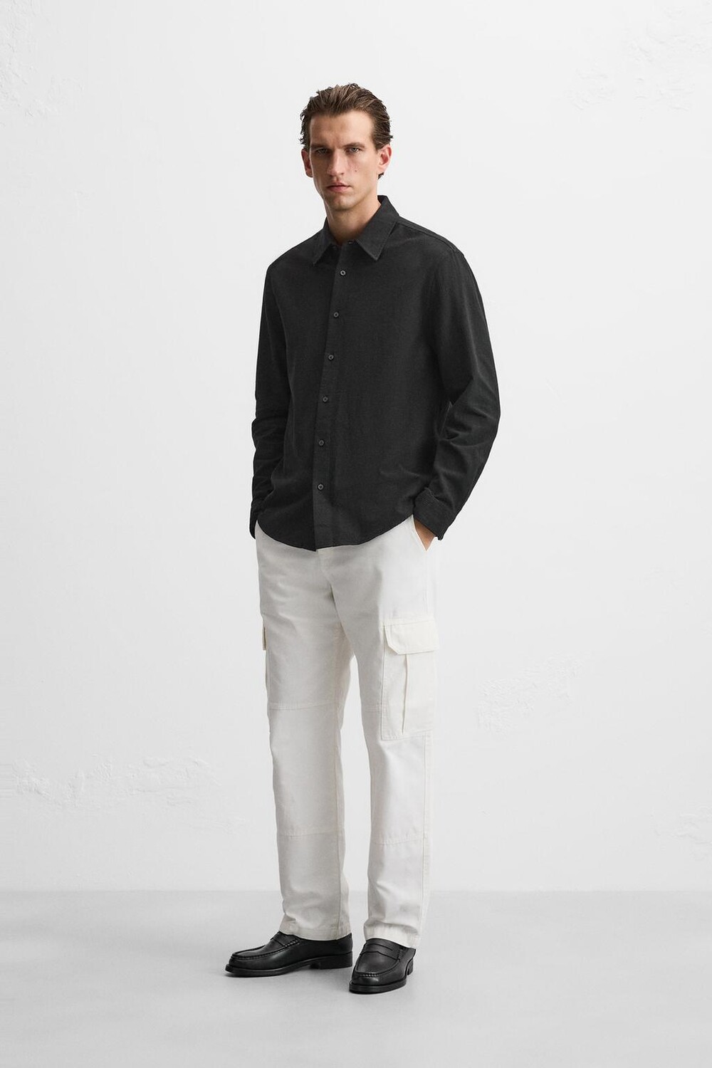 

Рубашка из хлопка и льна ZARA, черный
