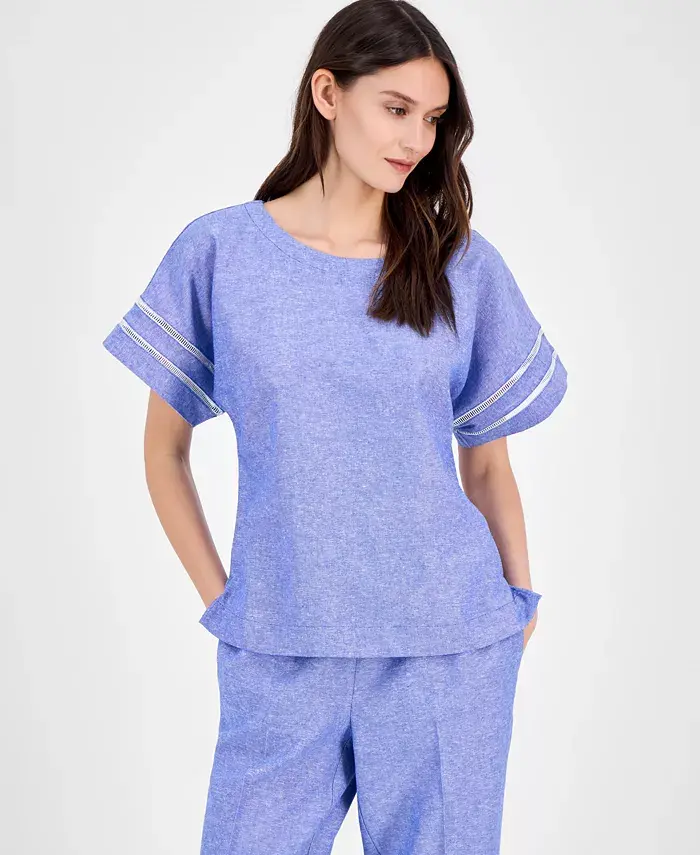 

Топ с удлиненными плечами и лесенкой из прорезей Petite Dropped-Shoulder Ladder-Trim Anne Klein, синий