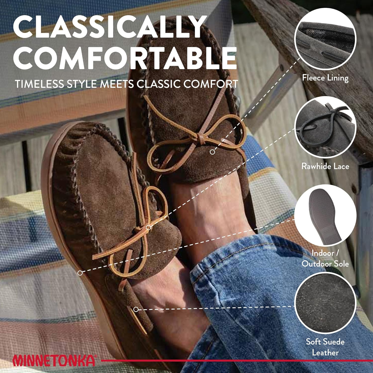 Мокасины Minnetonka для мужчин с твердой подошвой и флисовой подкладкой в клетку, Charcoal — фото 4