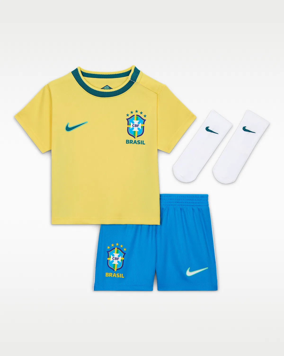 Детский футбольный комплект Nike Soccer Replica 3-Piece Kit Brazil 2026 Stadium Home, Canary/Light Menta/Light Photo Blue/Geode Teal