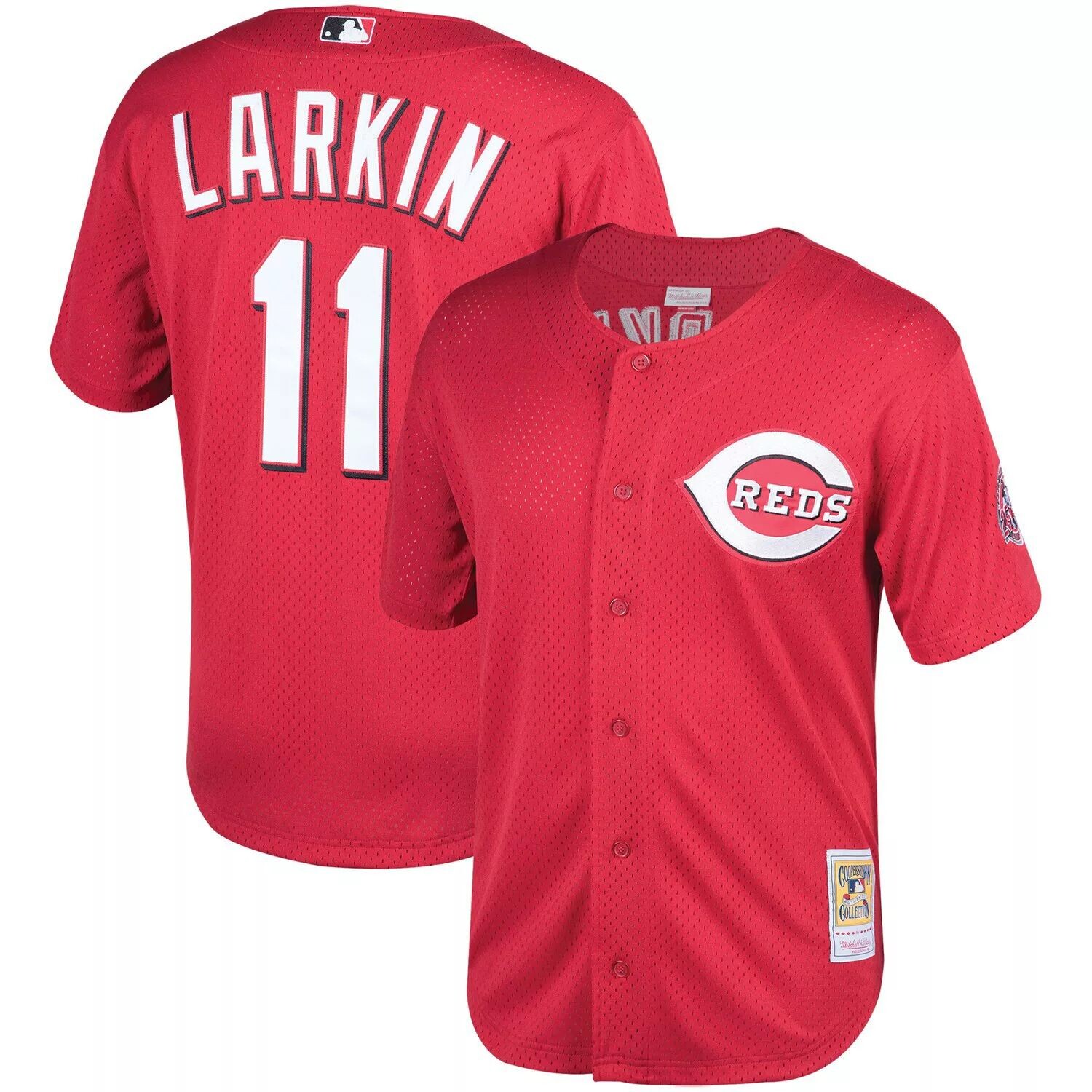 

Мужской Mitchell & Ness Barry Larkin Red Cincinnati Reds Fashion Cooperstown Collection сетчатый тренировочный трикотаж с ватиновым принтом