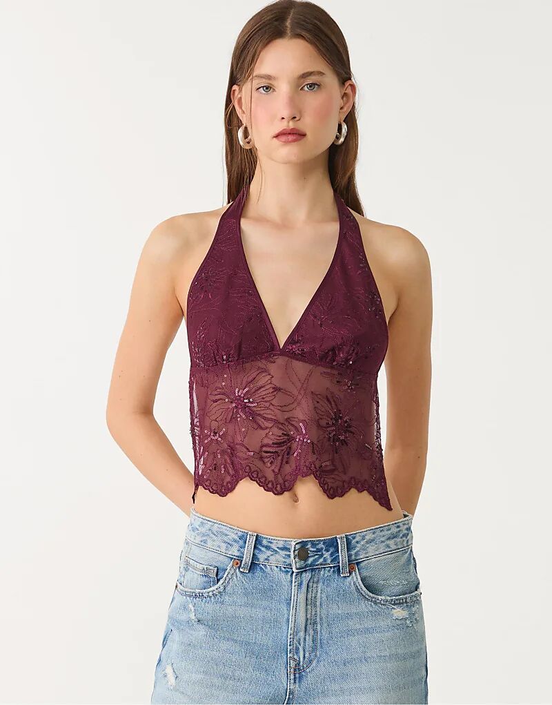 

Топ Stradivarius с бретельками через шею и вышивкой пайетками фиолетового цвета