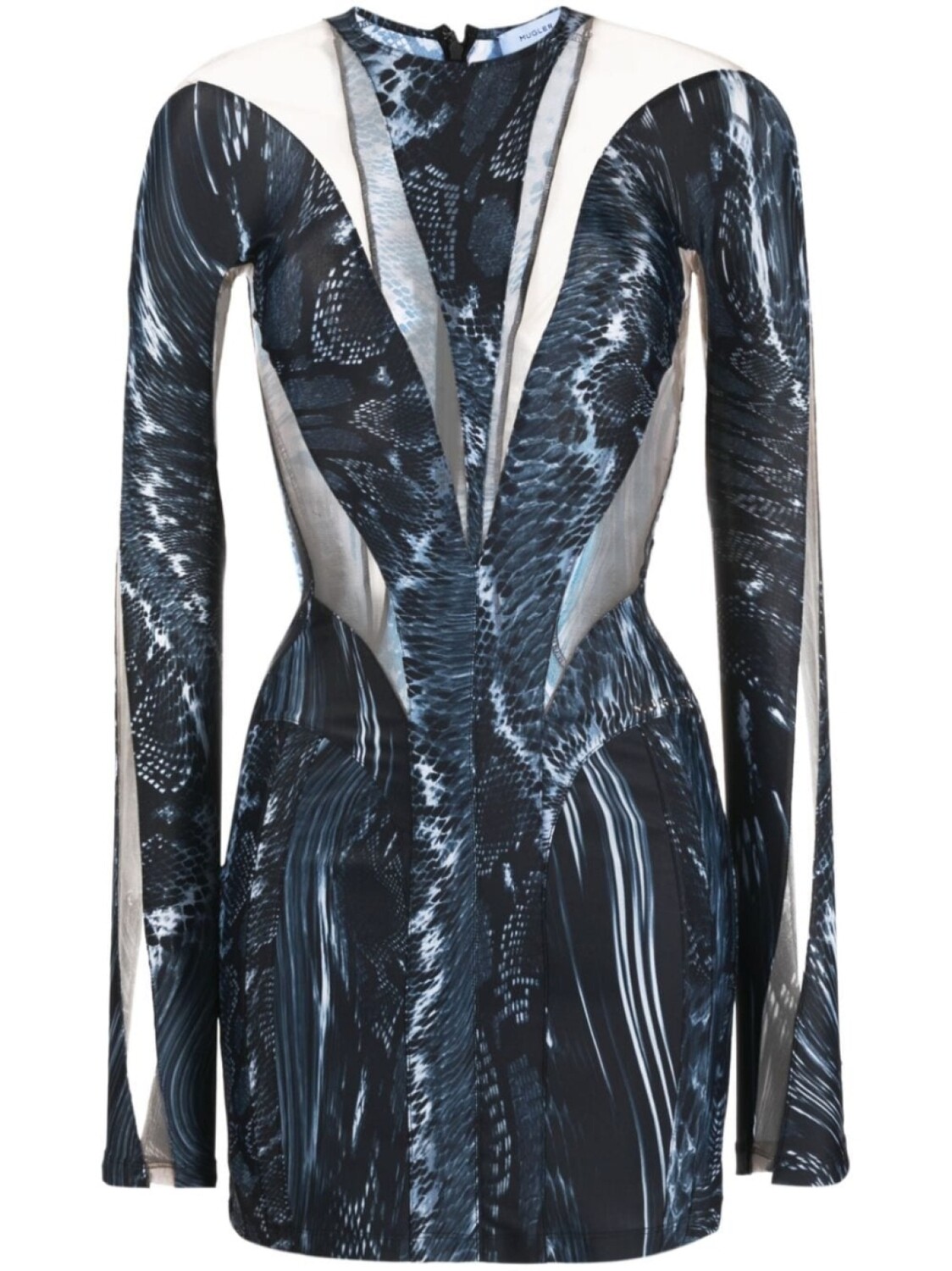 

Mugler abstract-print sheer-panelled minidress, синий