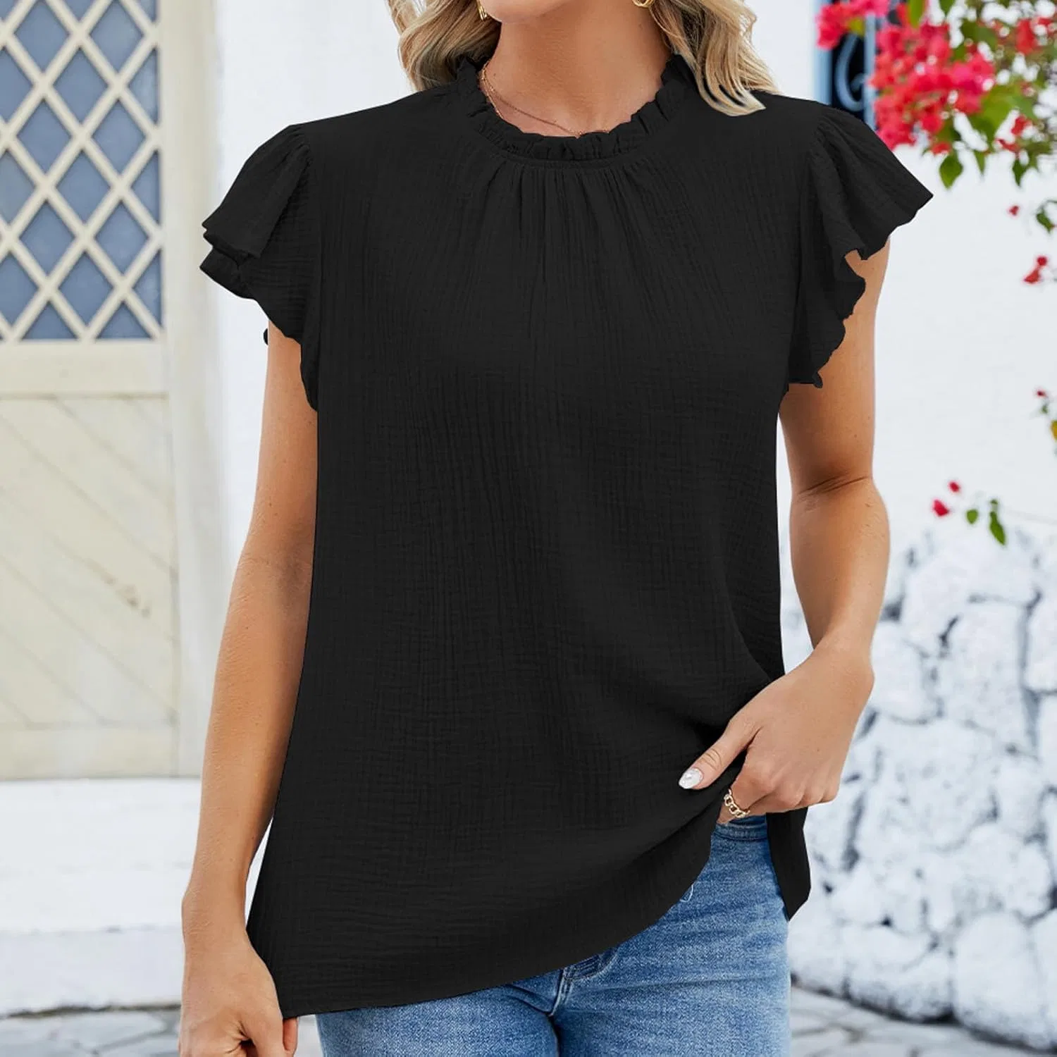 Блуза с коротким рукавом, стойкой, женская, повседневная, Black — фото 4