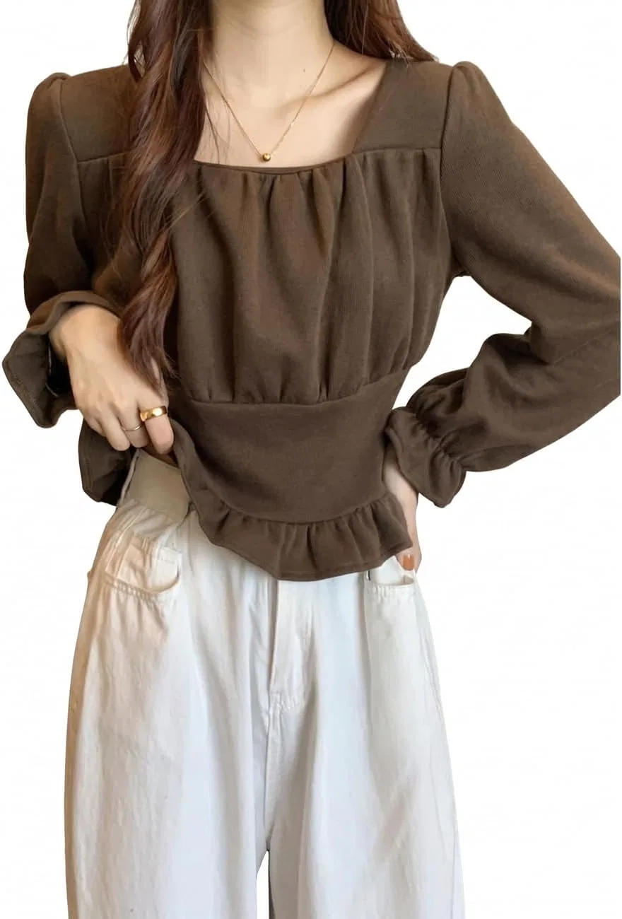 Блуза квадратный вырез, Peplum, кофейный