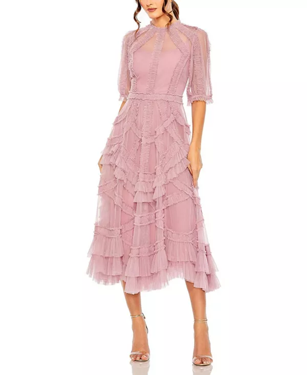 

Платье с высоким воротником, пышными рукавами и оборками, многоярусное. Mac Duggal, розовый