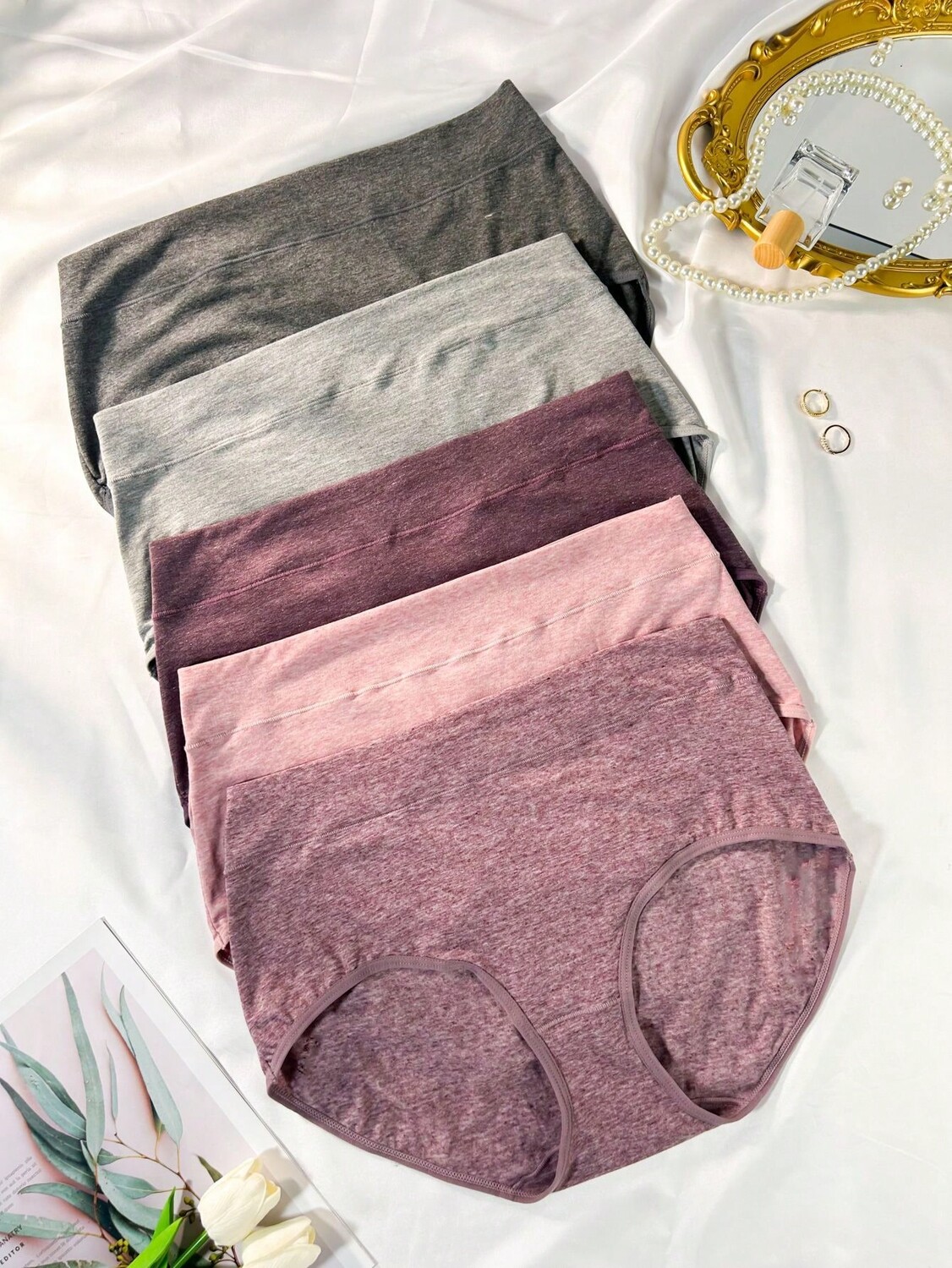 

5 шт., Однотонные Женские однотонные повседневные трусики больших размеров, мультиколор