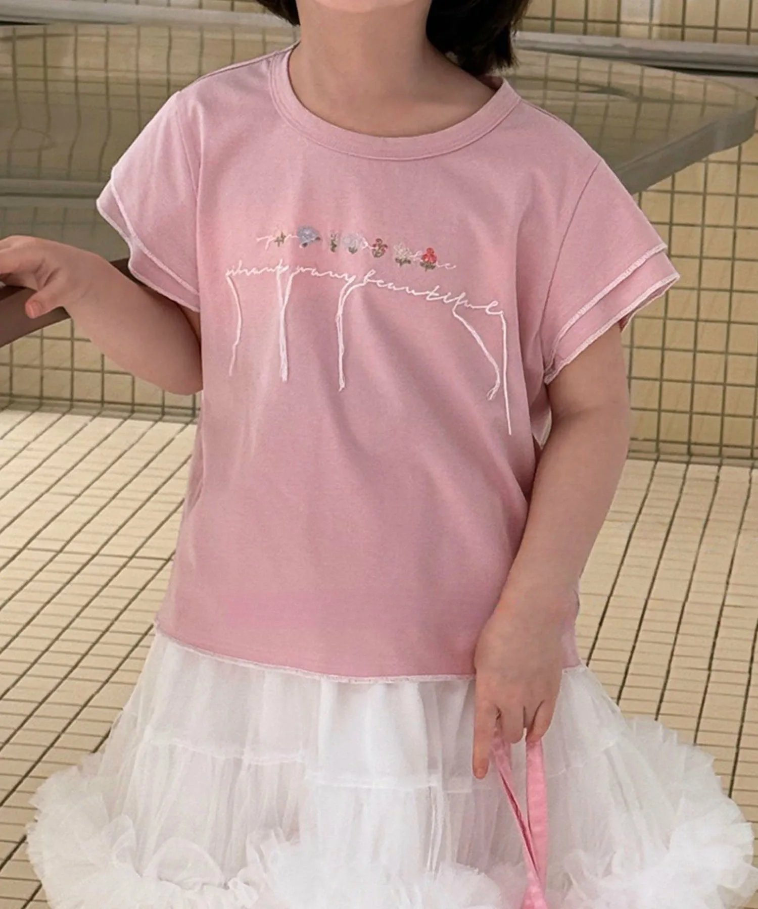 Детская футболка с вышитыми оборками на рукавах [aimoha-KIDS-] Aimoha Kids, pink