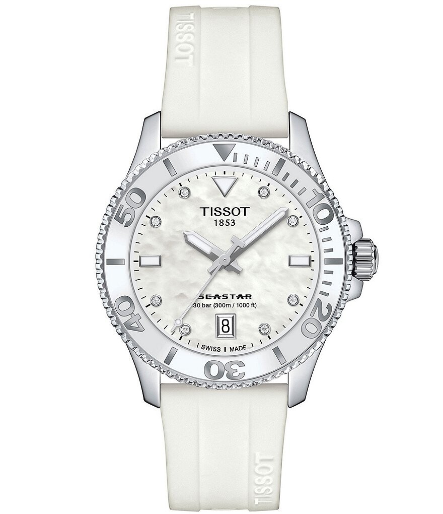 

Женские кварцевые часы Tissot Seastar 1000 с белым силиконовым ремешком, белый