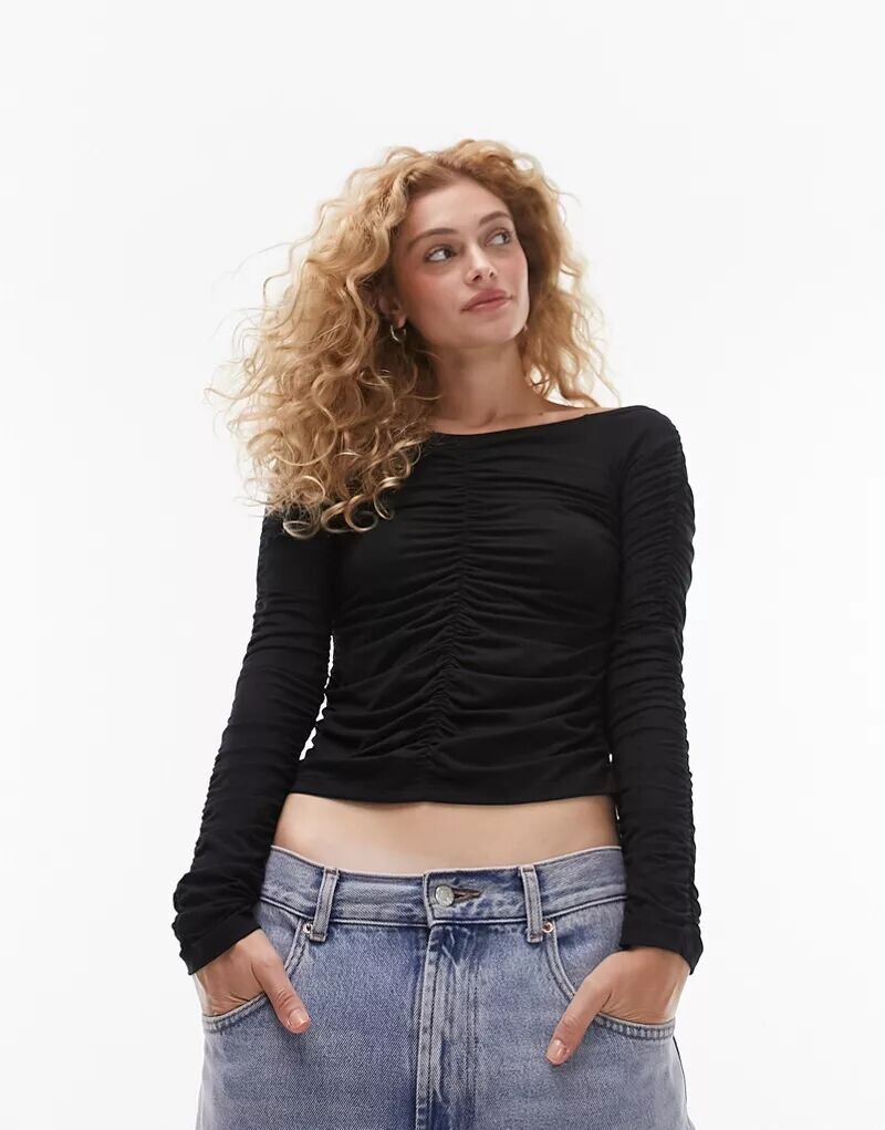 

Черный топ с открытыми плечами и сборками по бокам Topshop, Серый, Черный топ с открытыми плечами и сборками по бокам Topshop